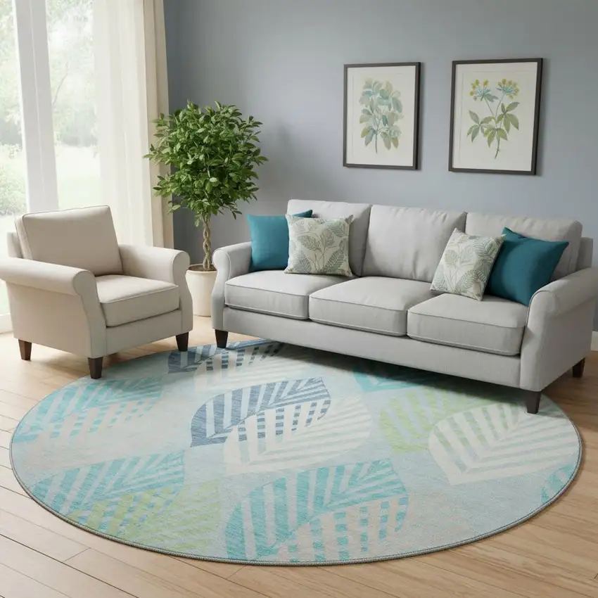 8' Teal Ivory And Green Floral Washable Round Rug With UV Protection Photo 1