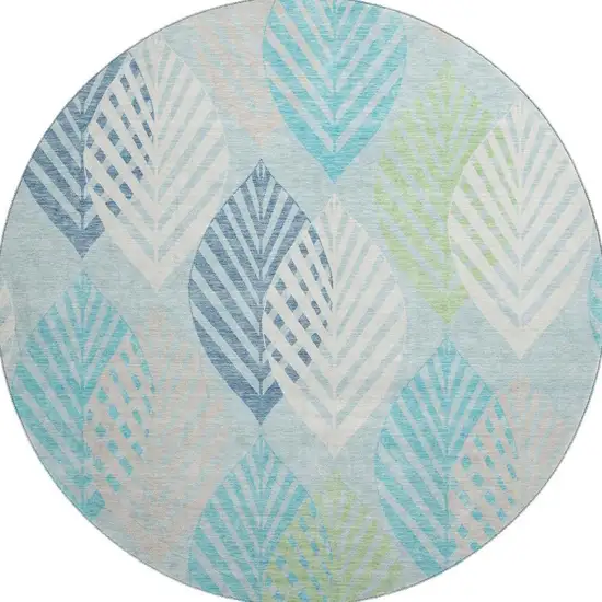 8' Teal Ivory And Green Floral Washable Round Rug With UV Protection Photo 4