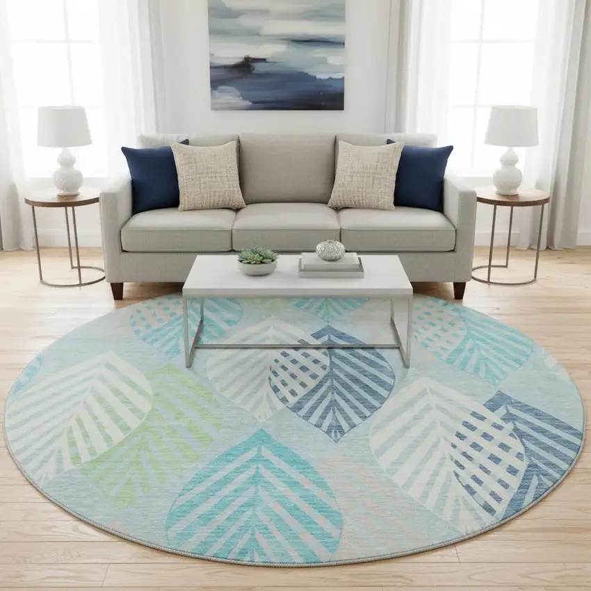 8' Teal Ivory And Green Floral Washable Round Rug With UV Protection Photo 2