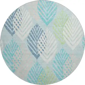Photo of 8' Teal Ivory And Green Floral Washable Round Rug With UV Protection