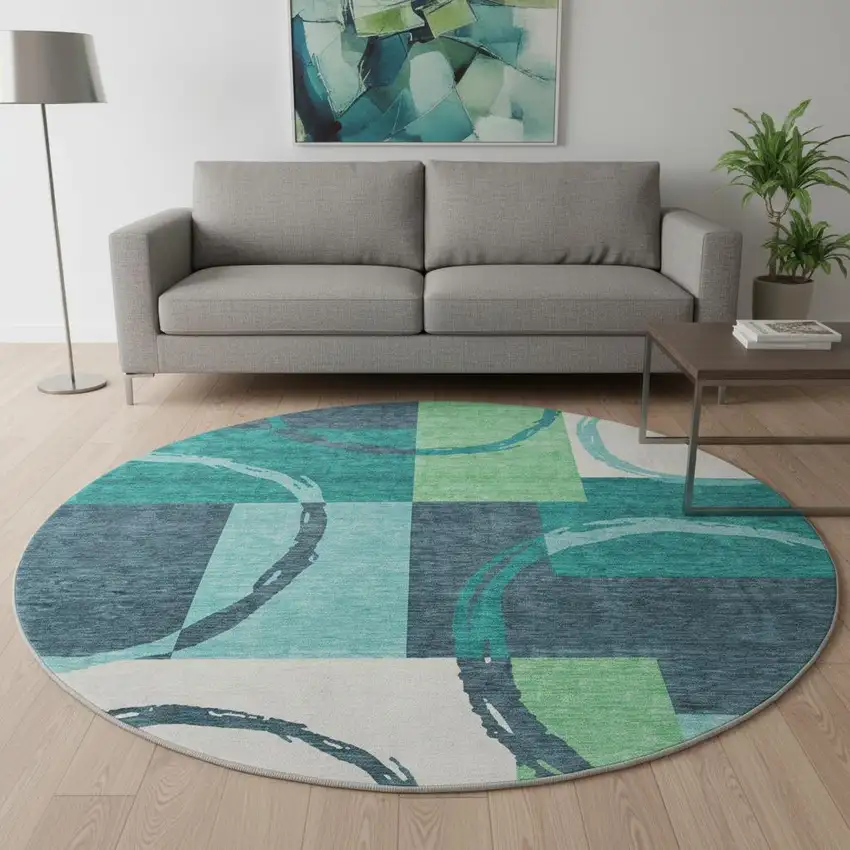 8' Teal Ivory And Green Geometric Washable Round Rug With UV Protection Photo 2