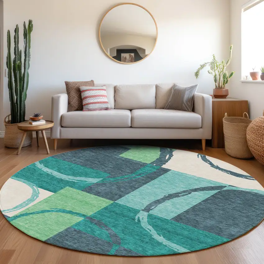 8' Teal Ivory And Green Geometric Washable Round Rug With UV Protection Photo 5
