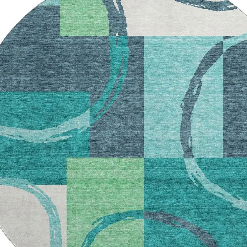 8' Teal Ivory And Green Geometric Washable Round Rug With UV Protection Photo 2