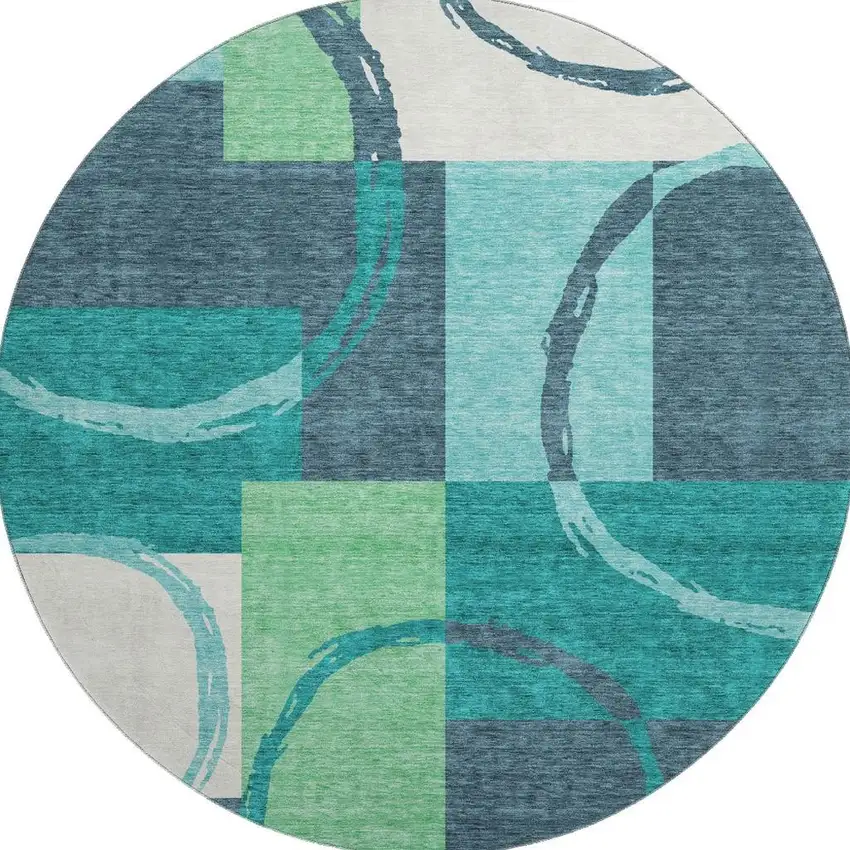 8' Teal Ivory And Green Geometric Washable Round Rug With UV Protection Photo 3