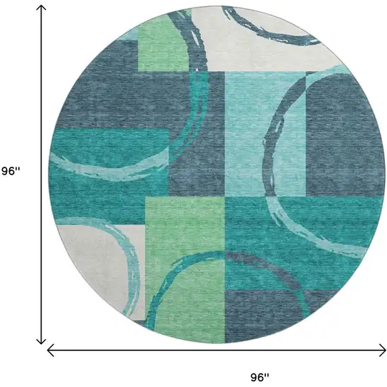 8' Teal Ivory And Green Geometric Washable Round Rug With UV Protection Photo 9