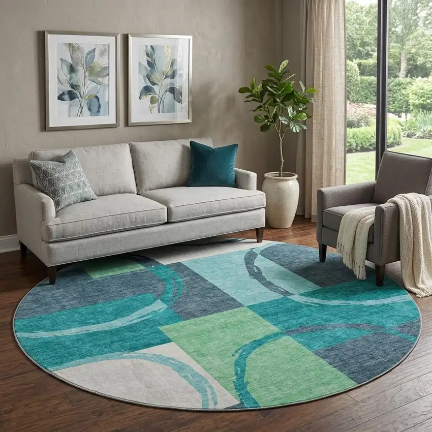 8' Teal Ivory And Green Geometric Washable Round Rug With UV Protection Photo 1