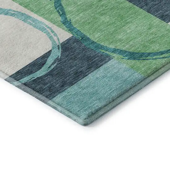 8' Teal Ivory And Green Geometric Washable Round Rug With UV Protection Photo 6