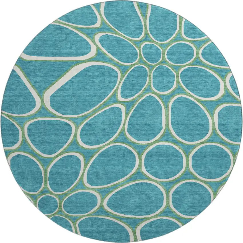 8' Teal Ivory And Green Geometric Washable Round Rug With UV Protection Photo 1