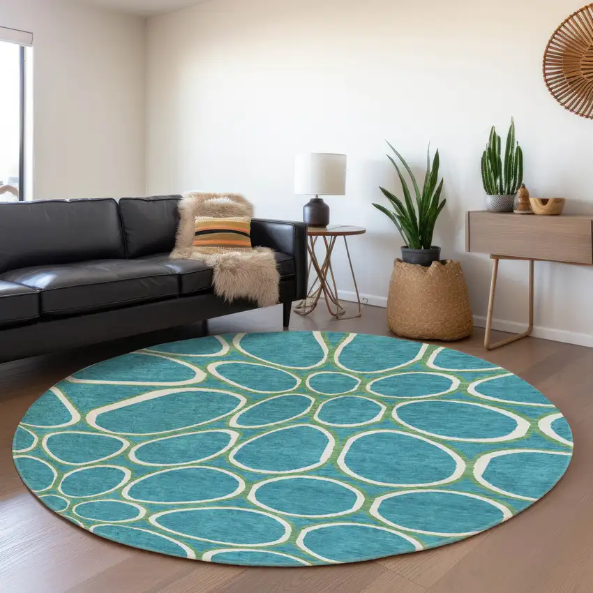 8' Teal Ivory And Green Geometric Washable Round Rug With UV Protection Photo 4