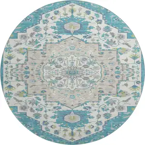 Photo of 8' Teal Ivory And Green Oriental Washable Round Rug With UV Protection
