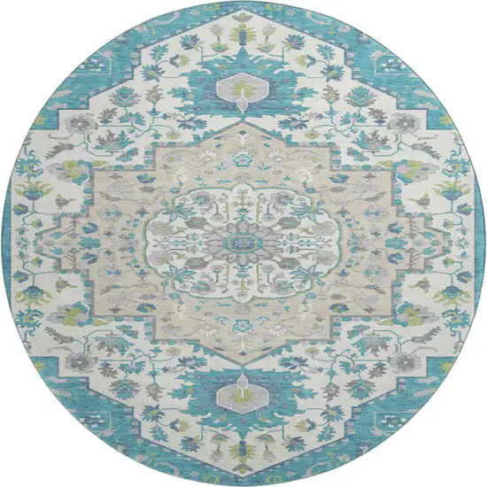 8' Teal Ivory And Green Oriental Washable Round Rug With UV Protection Photo 1
