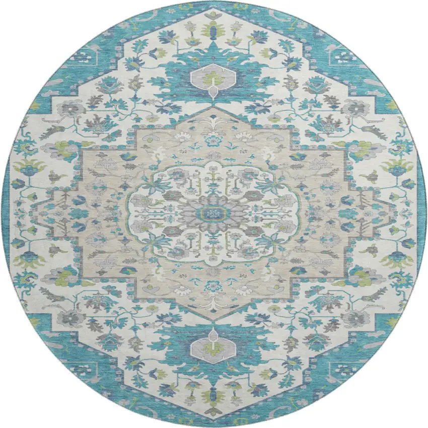 8' Teal Ivory And Green Oriental Washable Round Rug With UV Protection Photo 1