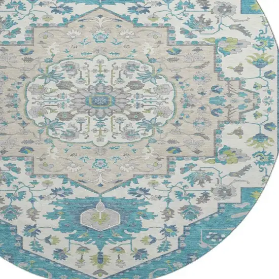 8' Teal Ivory And Green Oriental Washable Round Rug With UV Protection Photo 2