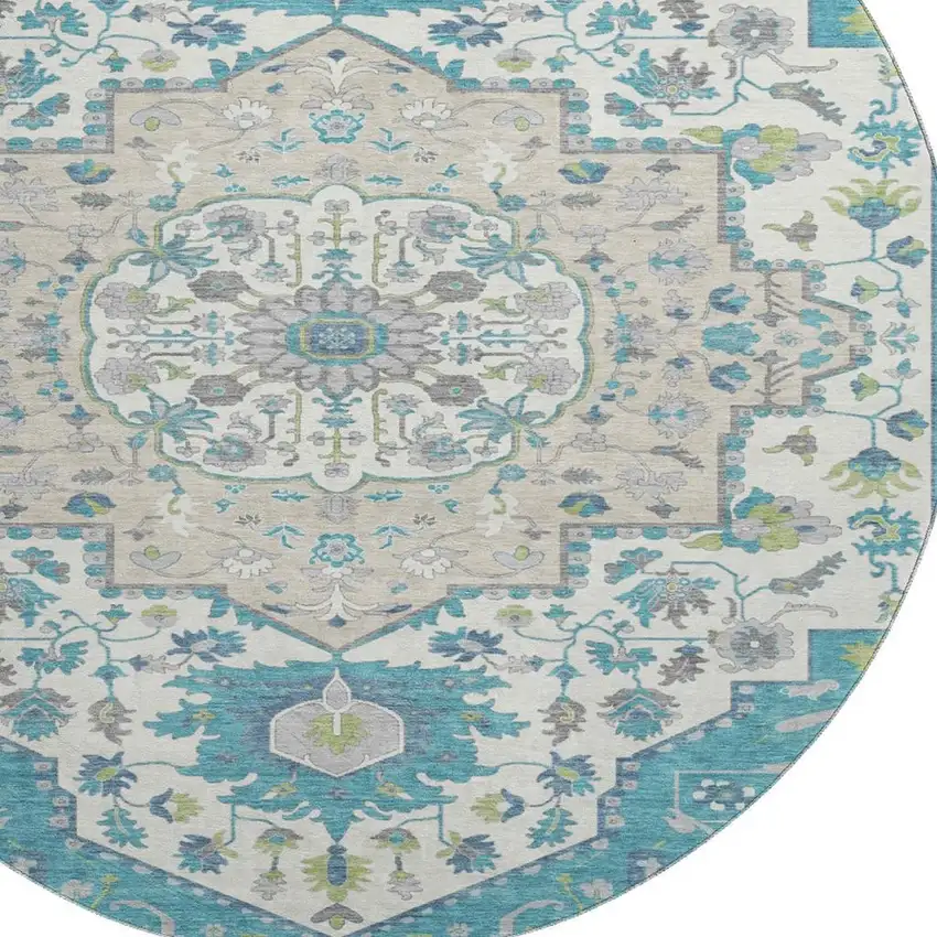 8' Teal Ivory And Green Oriental Washable Round Rug With UV Protection Photo 2