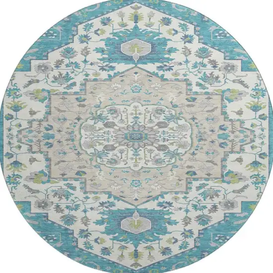 8' Teal Ivory And Green Oriental Washable Round Rug With UV Protection Photo 3