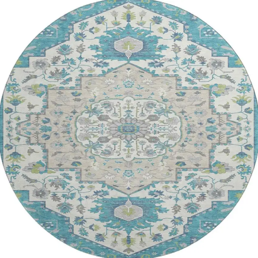8' Teal Ivory And Green Oriental Washable Round Rug With UV Protection Photo 3