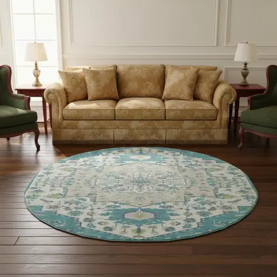 8' Teal Ivory And Green Oriental Washable Round Rug With UV Protection Photo 2