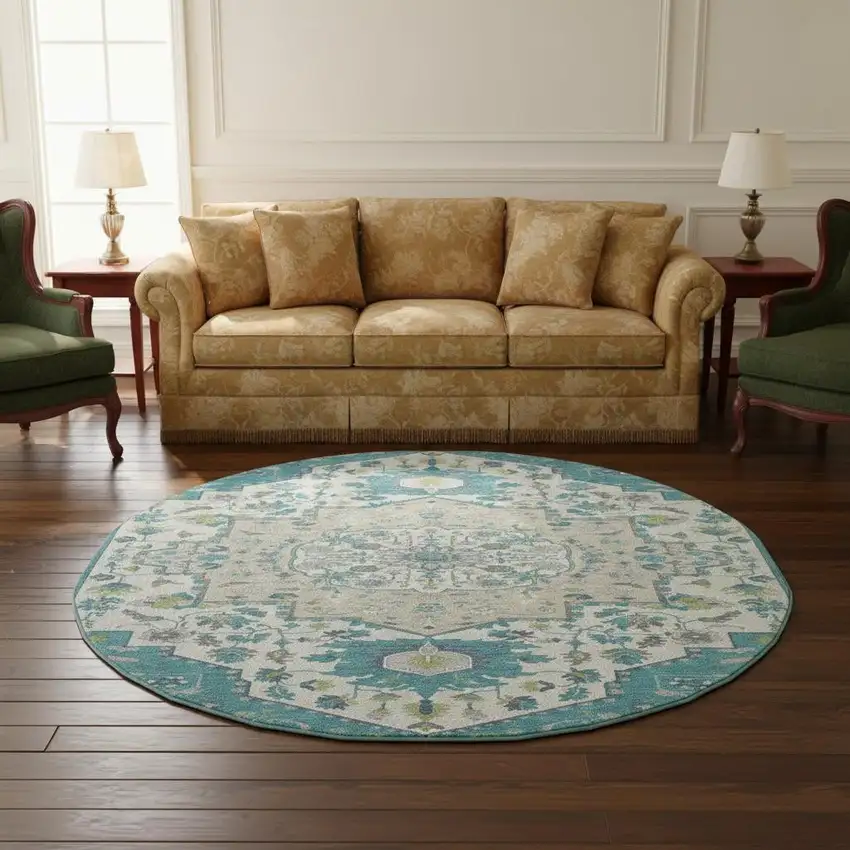 8' Teal Ivory And Green Oriental Washable Round Rug With UV Protection Photo 2