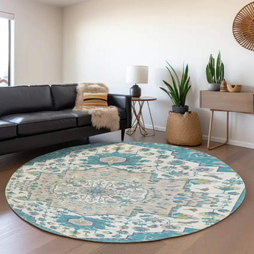 8' Teal Ivory And Green Oriental Washable Round Rug With UV Protection Photo 4