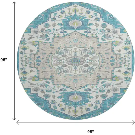8' Teal Ivory And Green Oriental Washable Round Rug With UV Protection Photo 9
