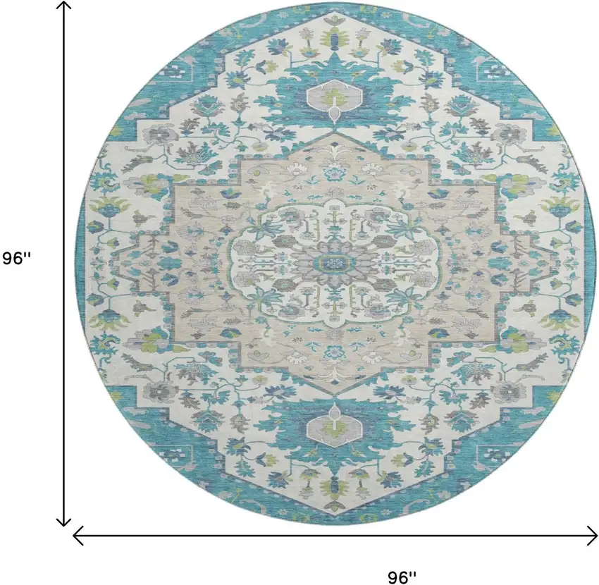 8' Teal Ivory And Green Oriental Washable Round Rug With UV Protection Photo 9