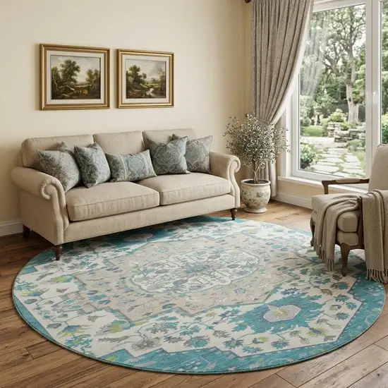8' Teal Ivory And Green Oriental Washable Round Rug With UV Protection Photo 1