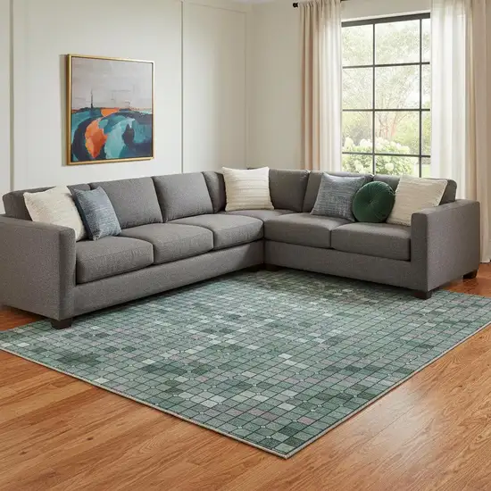 8' Teal Ivory And Lavender Geometric Washable Area Rug With UV Protection Photo 2