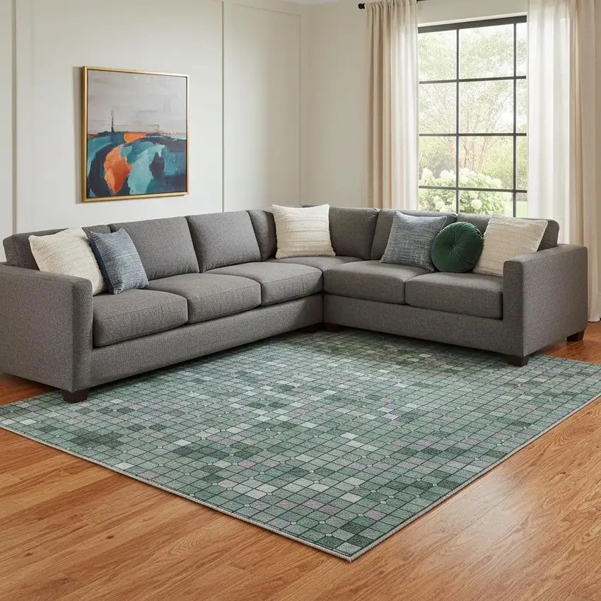 8' Teal Ivory And Lavender Geometric Washable Area Rug With UV Protection Photo 2