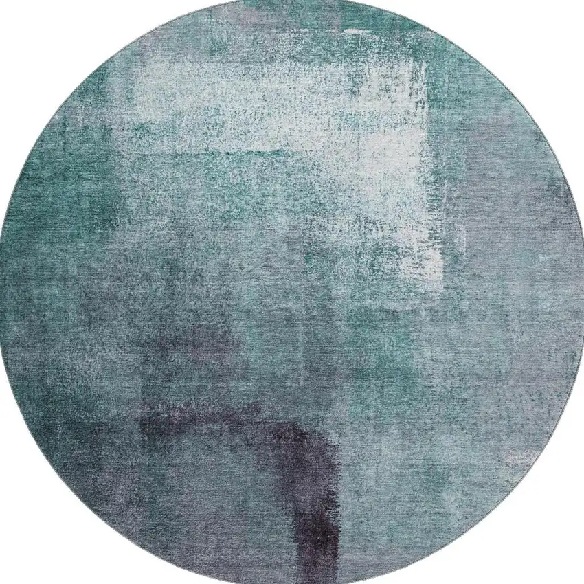 8' Teal Ivory And Purple Abstract Washable Round Rug With UV Protection Photo 4