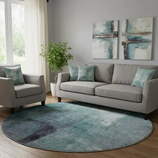 8' Teal Ivory And Purple Abstract Washable Round Rug With UV Protection Photo 1
