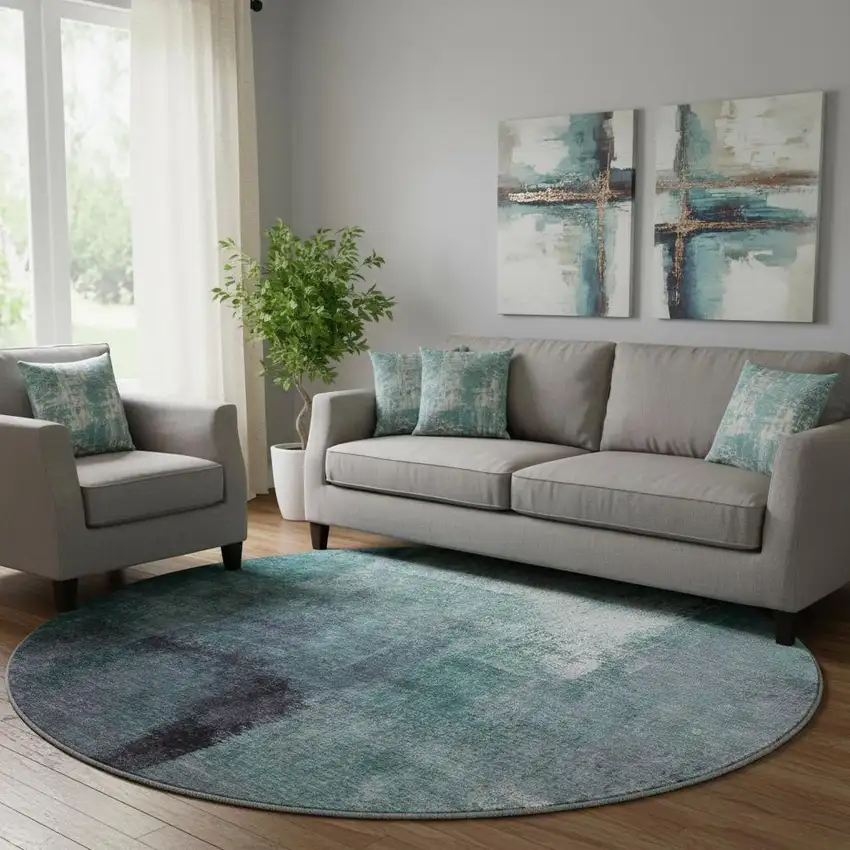 8' Teal Ivory And Purple Abstract Washable Round Rug With UV Protection Photo 1