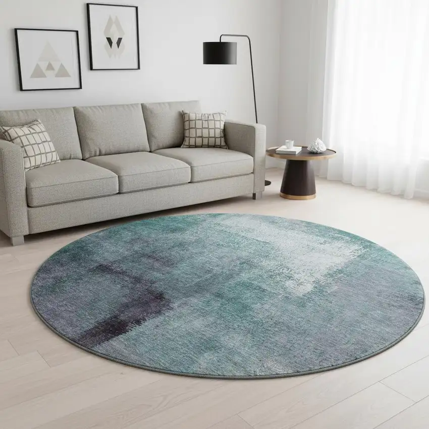 8' Teal Ivory And Purple Abstract Washable Round Rug With UV Protection Photo 2