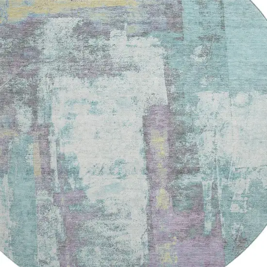 8' Teal Ivory And Purple Abstract Washable Round Rug With UV Protection Photo 3