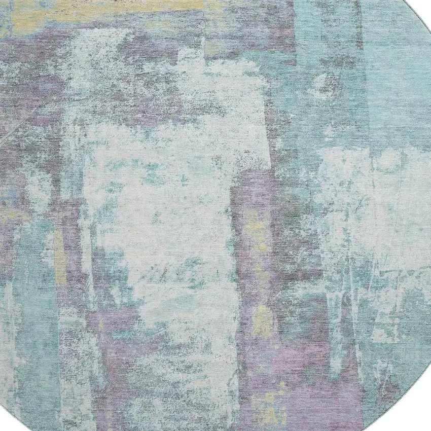 8' Teal Ivory And Purple Abstract Washable Round Rug With UV Protection Photo 3