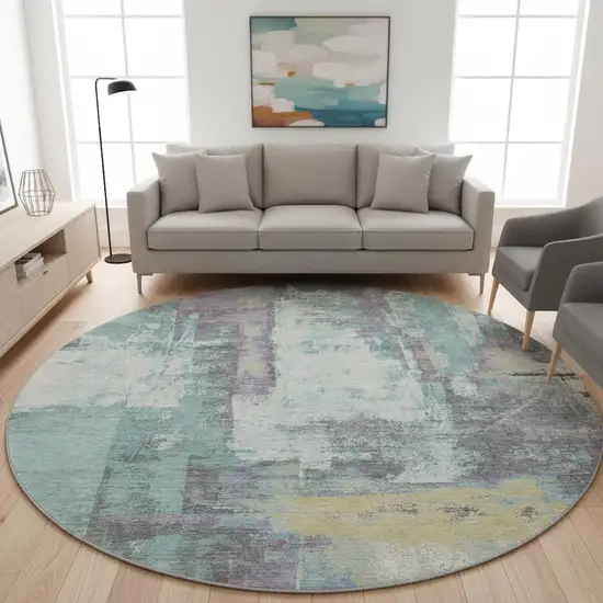 8' Teal Ivory And Purple Abstract Washable Round Rug With UV Protection Photo 2