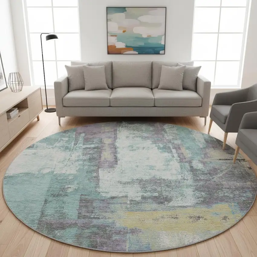 8' Teal Ivory And Purple Abstract Washable Round Rug With UV Protection Photo 2
