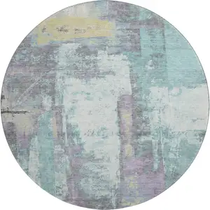 Photo of 8' Teal Ivory And Purple Abstract Washable Round Rug With UV Protection
