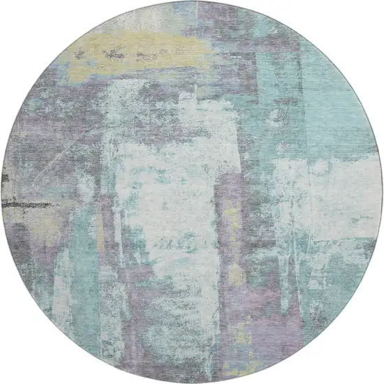8' Teal Ivory And Purple Abstract Washable Round Rug With UV Protection Photo 1