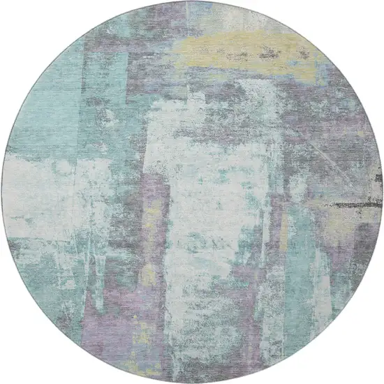 8' Teal Ivory And Purple Abstract Washable Round Rug With UV Protection Photo 4