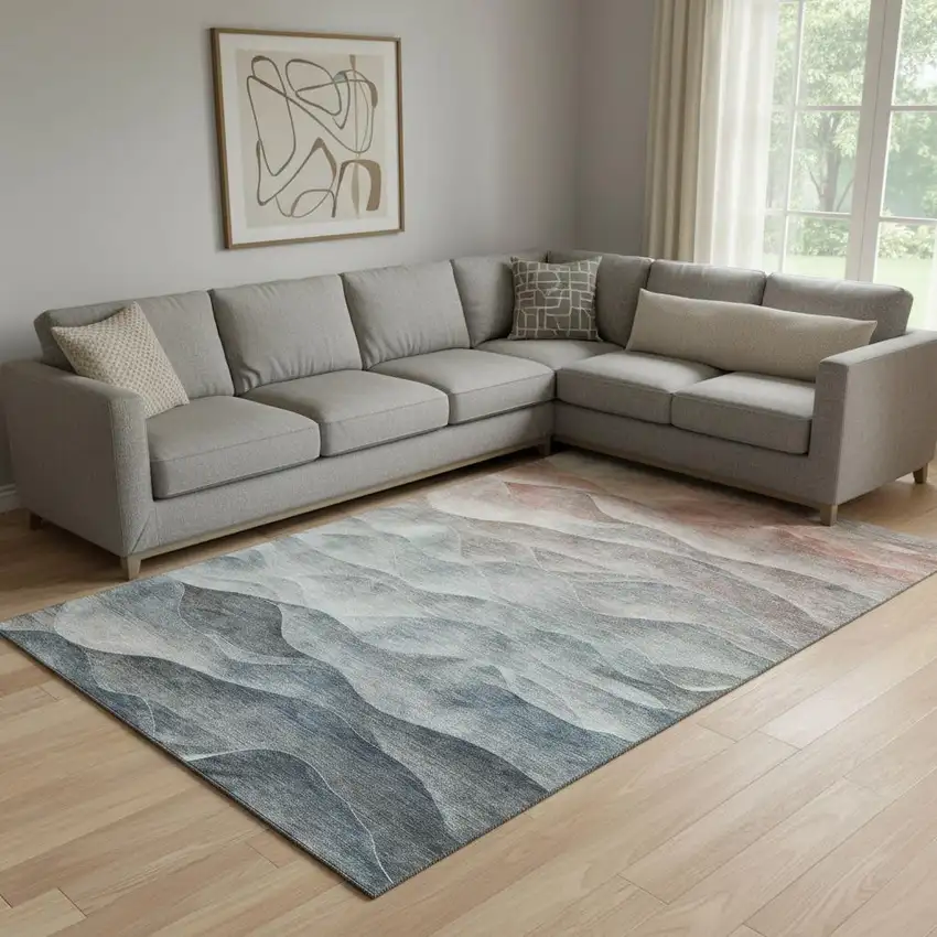 8' Teal Ivory And Salmon Abstract Washable Area Rug With UV Protection Photo 2