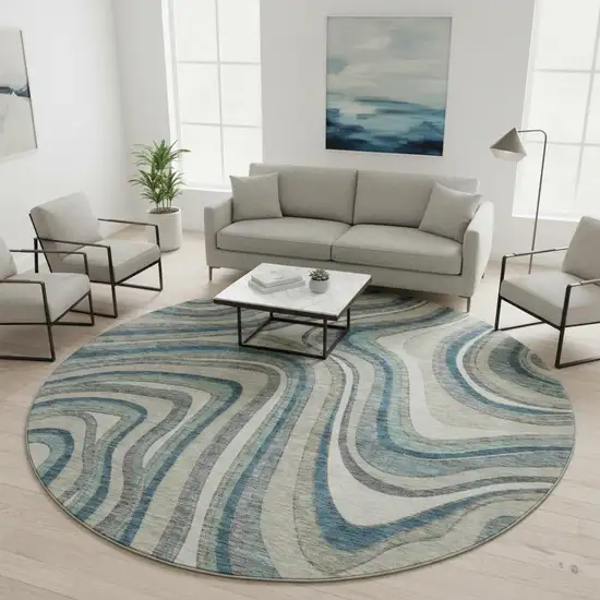 8' Teal Ivory And Taupe Marble Washable Round Rug With UV Protection Photo 2