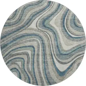 Photo of 8' Teal Ivory And Taupe Marble Washable Round Rug With UV Protection