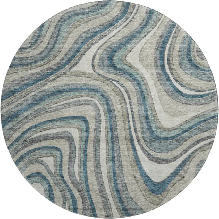 8' Teal Ivory And Taupe Marble Washable Round Rug With UV Protection Photo 1
