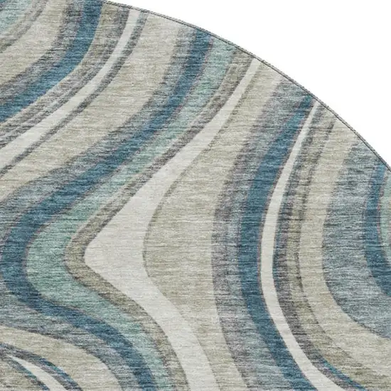 8' Teal Ivory And Taupe Marble Washable Round Rug With UV Protection Photo 3