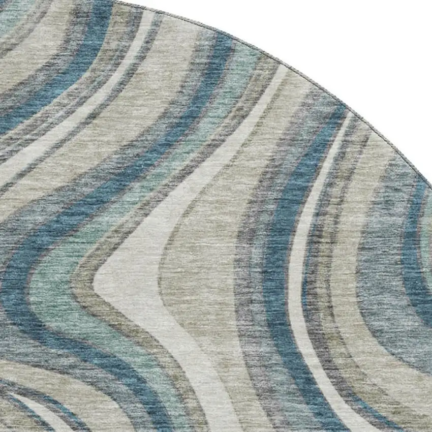 8' Teal Ivory And Taupe Marble Washable Round Rug With UV Protection Photo 3