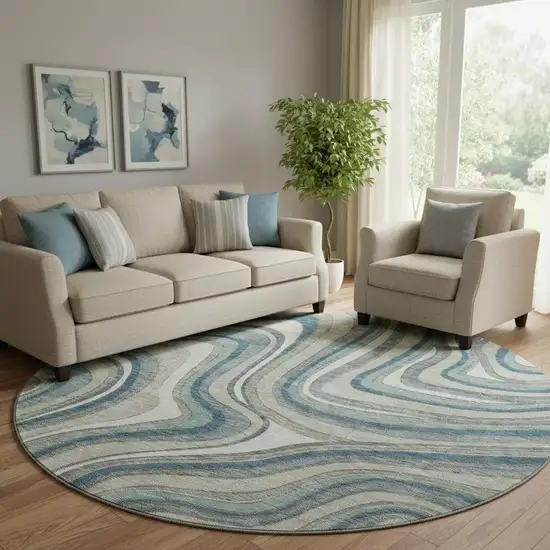 8' Teal Ivory And Taupe Marble Washable Round Rug With UV Protection Photo 1