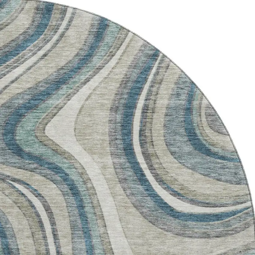 8' Teal Ivory And Taupe Marble Washable Round Rug With UV Protection Photo 4