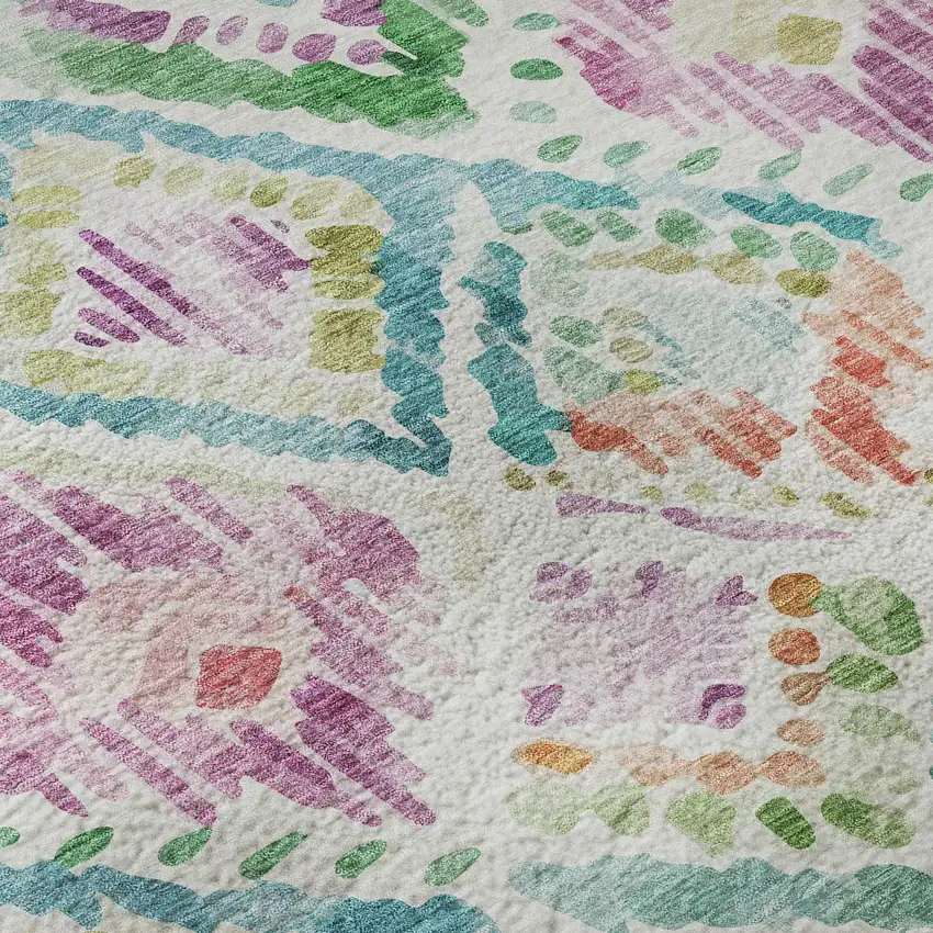 8' Teal Ivory Green And Purple Geometric Washable Round Rug With UV Protection Photo 8