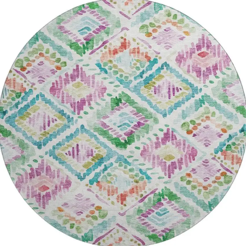 8' Teal Ivory Green And Purple Geometric Washable Round Rug With UV Protection Photo 3