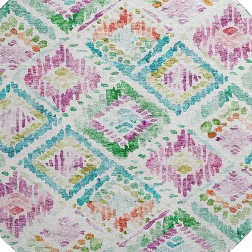 8' Teal Ivory Green And Purple Geometric Washable Round Rug With UV Protection Photo 2